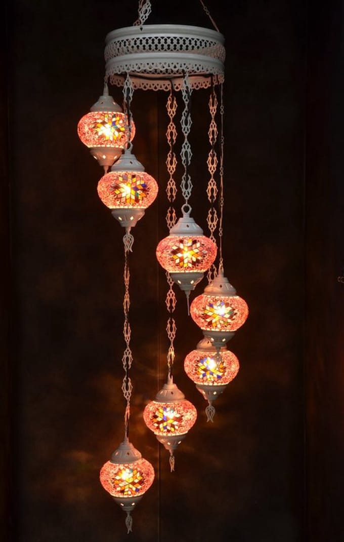 Hanglamp multicolour roze glas mozaïek Oosterse lamp kroonluchter Crèmewit 7 bollen