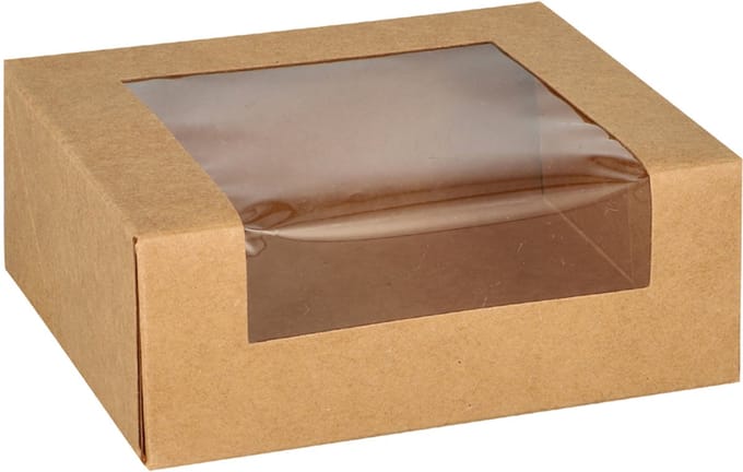 25 Sushi schalen, karton hoekig 4,5 cm x 12 cm x 10 cm bruin