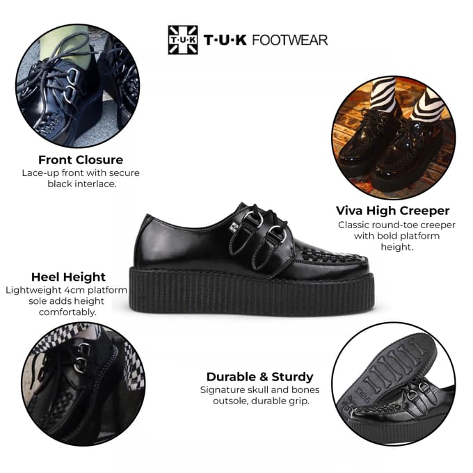 TUK Viva High Creeper Zwarte Leren Platform Veterschoenen Goth - AV6802