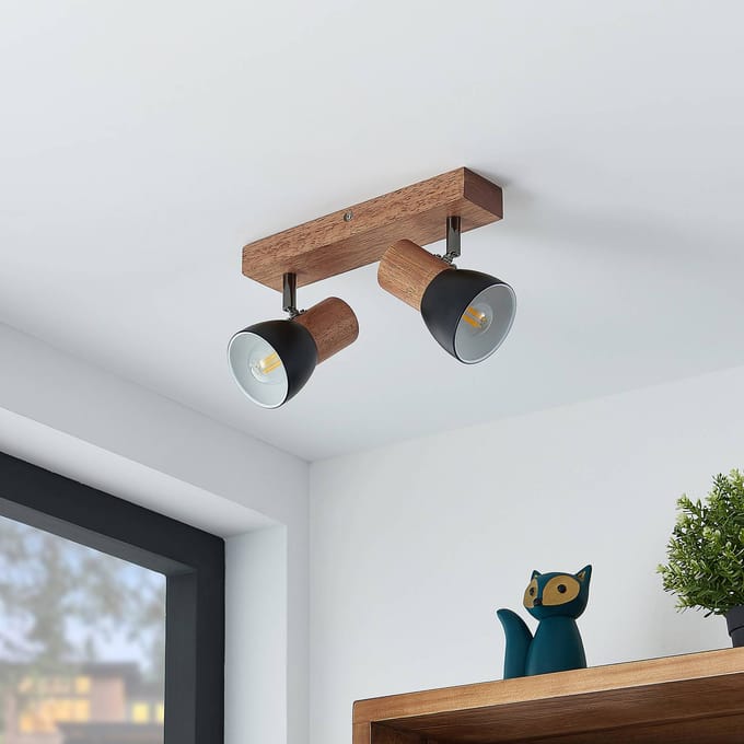 Lindby - buitenspot - 2lichts - staal, rubberboomhout - H: 14.5 cm - E14 - zwart, licht hout
