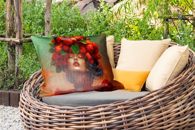 Buitenkussens - Vrouw - Frambozen - Bladeren - 60x40 cm - Weerbestendig