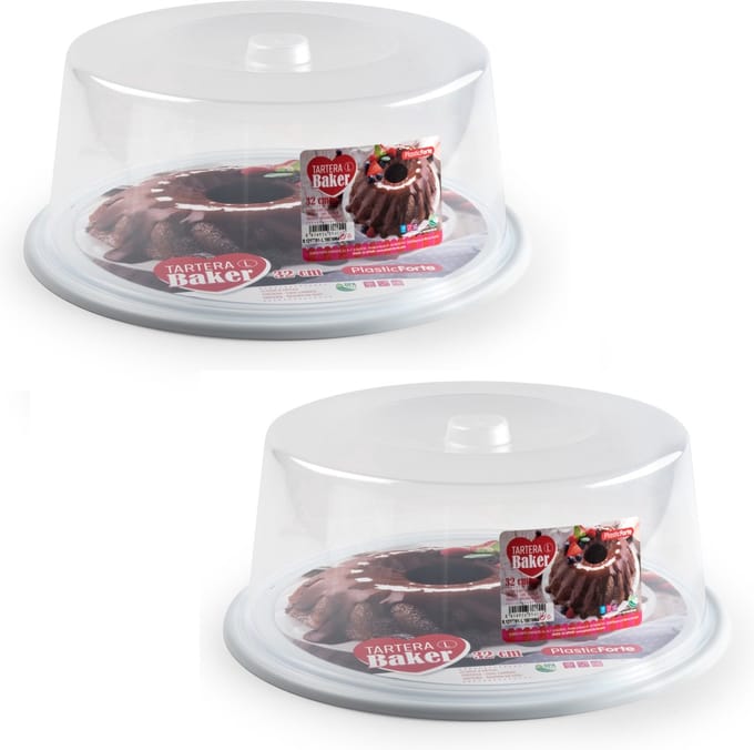 Plasticforte Taart bewaardoos - Set van 2x stuks - rond - wit - D32 x H15 cm - taarten bewaarbak