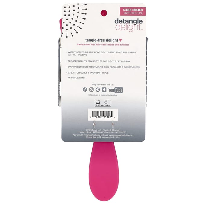 Conair, Detangular Deight™ Haarborstel, voor Krullend en Golvend Haar, Roze, 1 Borstel pink
