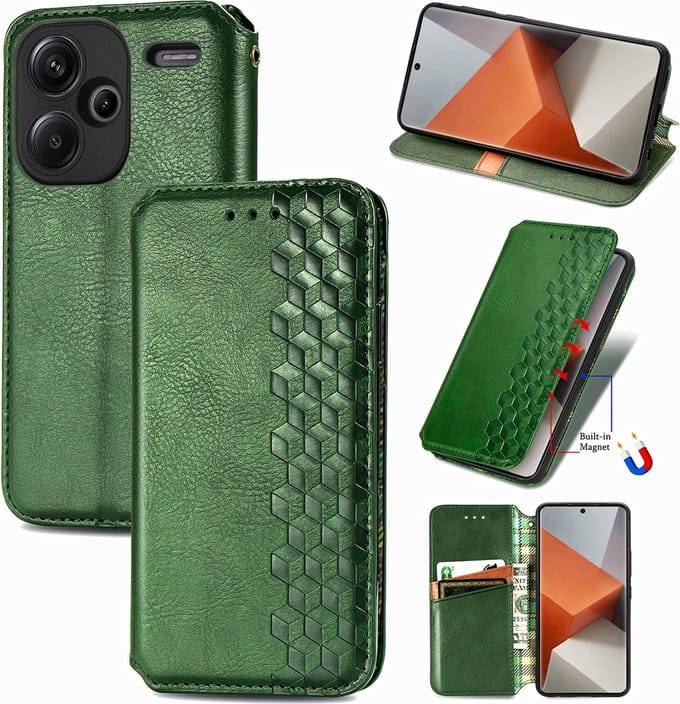 Luxe PU Lederen Ruitpatroon Wallet Case + Screenprotector voor Redmi Note 13 Pro Plus 5G _ Groen