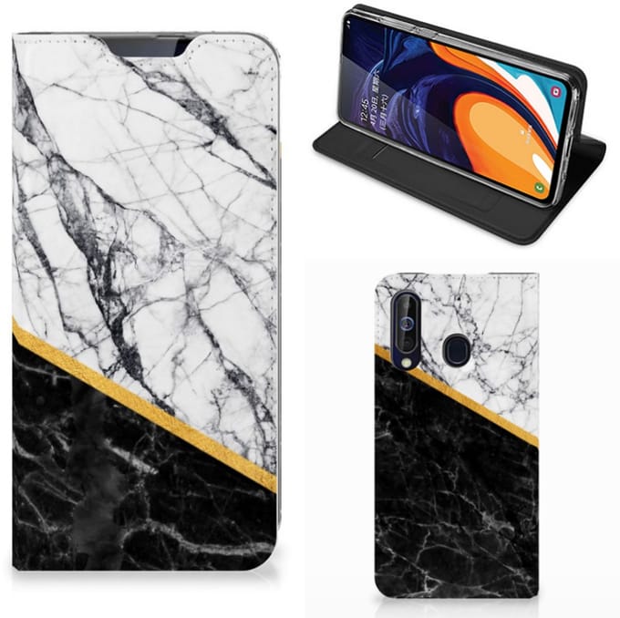 Samsung Galaxy A60 Standcase Marmer Wit Zwart - Origineel Cadeau Man