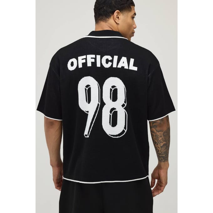 Oversized Boxy Polo Met Motografische Print Gebreid | Black | Size Medium