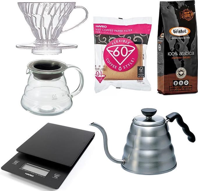 Hario V60 Range Server Slow Coffee starter set 1-2 kops + Bristot Diamante 100% Arabica gemalen koffie