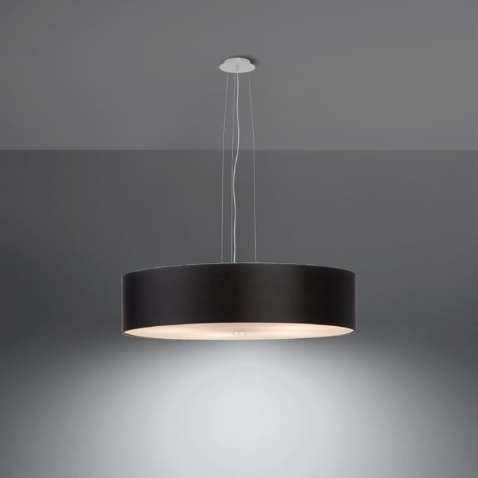 Kroonluchter SKALA 50 met trommelkap van stof en glas - Sollux Lighting - IP20 - Zwart stof/glas/staal behuizing - 50 x 50 x 102 cm - 5 x E27 LED, exclusief lichtbron - 5 x 15 W - Minimalistische kroonluchter voor woonkamer, slaapkamer en eetkamer