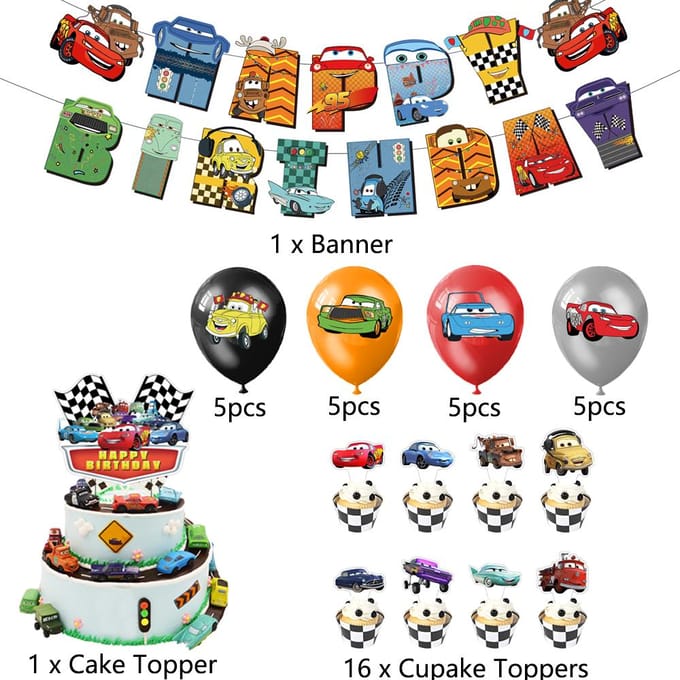 39 stuks Auto's Feestversieringen Inclusief Banner, Ballonnen, Taarttoppers voor Kinderen black