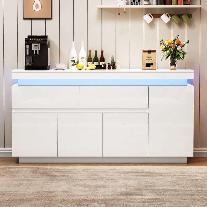 Dressoir - 140x35x72,5 cm - Modern met LED - 4 Deuren en 2 Laden - Hoogglans - Wit