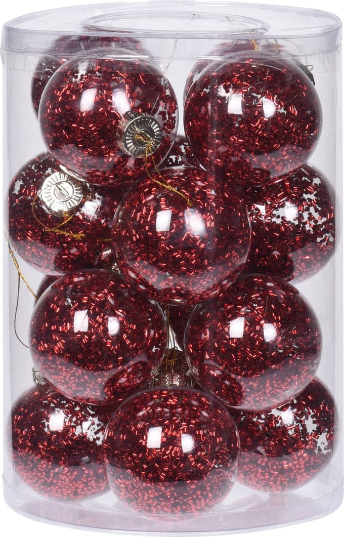 Kerstballen - 16x st - transparant met rood glitter - 8 cm - kunststof - kerstversiering