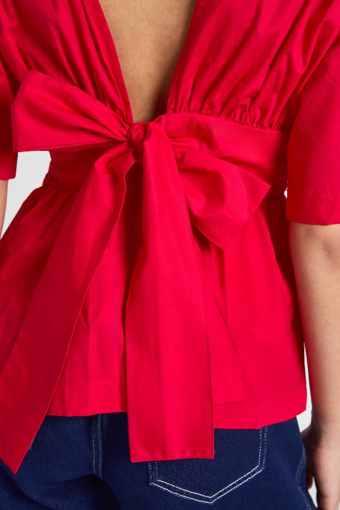 boohoo Dames Poplin smock met strikband | Red | Maat: 6