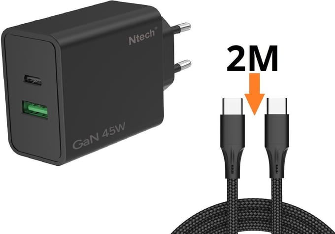 Ntech - USB C Adapter 45W & USB-A 18W - USB C Oplader Zwart - Inclusief USB-C Kabel 2 Meter - USB C Snellader - USB C Lader - Universeel o.a. Telefoons & Laptops