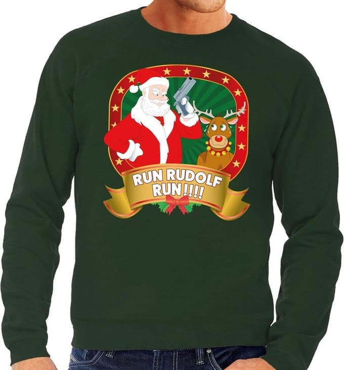 Foute kersttrui / sweater - groen - Kerstman Run Rudolf Run heren S