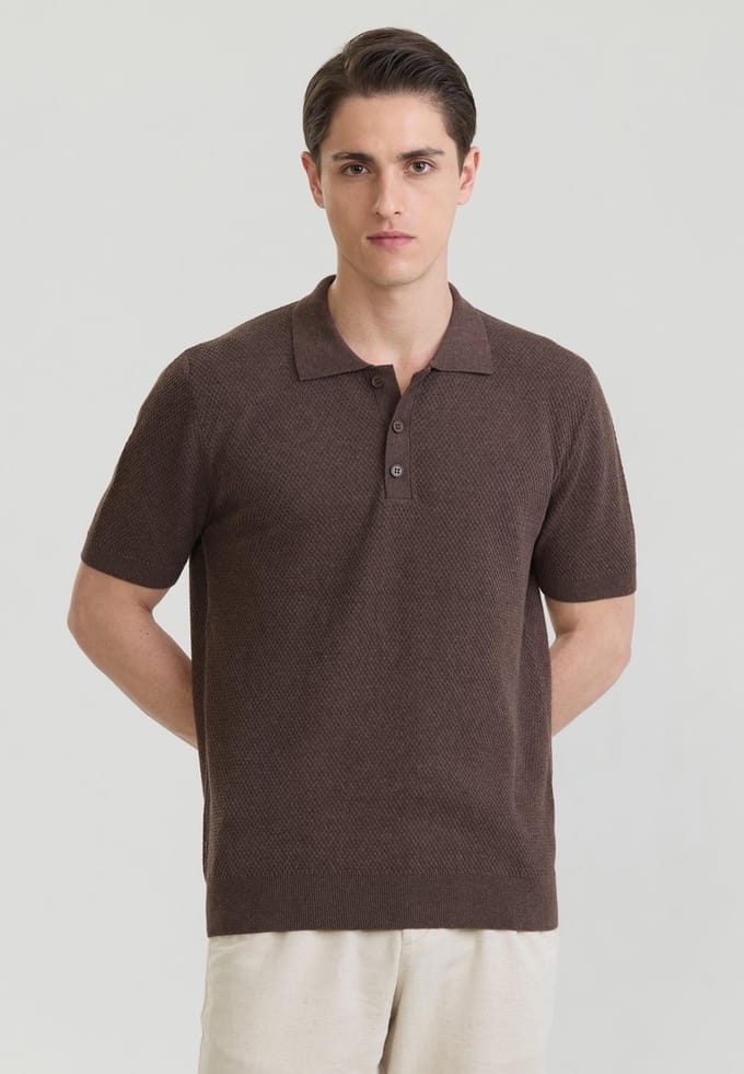 Felix Hardy Overhemd Knit - Basic Shirt - 100% Katoen - Korte Mouw Heren Bruin - S
