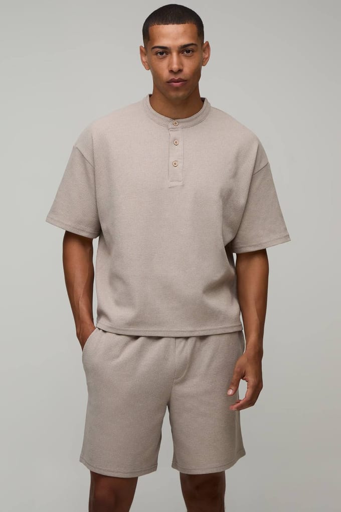 Oversized Boxy Waffle Henley T-Shirt & Baggy Shorts Set | Stone | Size Large