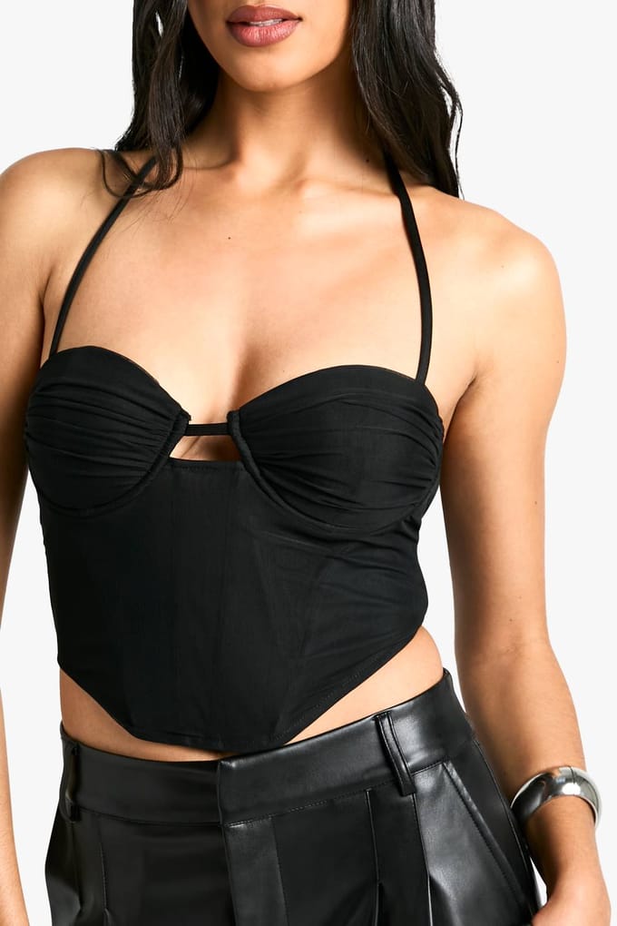 boohoo Dames Mesh Corset met geraffelde cups en halterneck | Zwart | Maat: 40