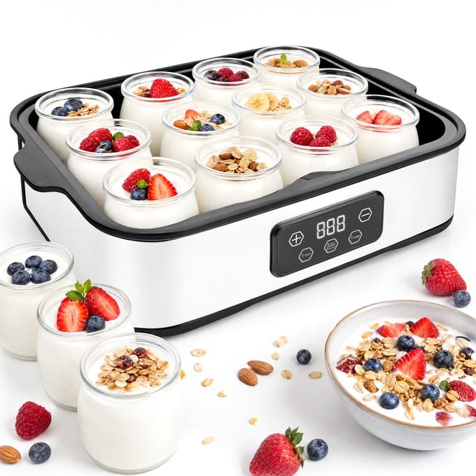 Yoghurtmaker 25W - 12x180 ml Glazen Potjes - 2,16L - Timer - Instelbare Temperatuur - Zilver