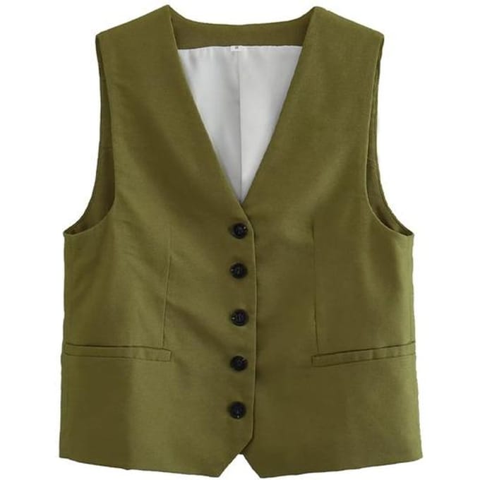 Willshela Damesmode Solid Single Breasted Vest Vintage V-hals Mouwloos Vrouwelijke Chic Lady Tank Tops S legergroene kleur