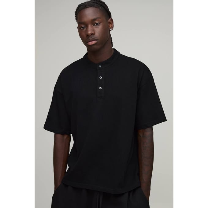 Oversized Boxy Henley T-Shirt | Black | Size XS