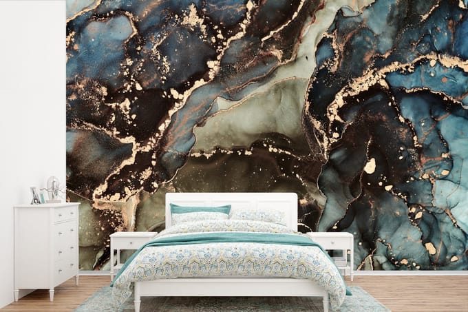 Behang - Fotobehang Marmer - Goud - Groen - Breedte 420 cm x hoogte 280 cm