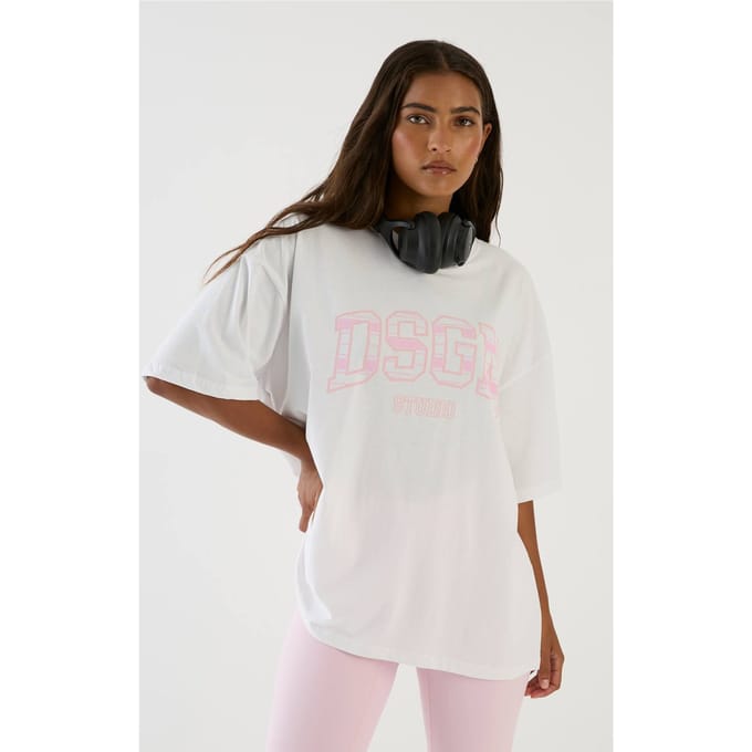 Dames Dsgn Studio Oversized T-shirt Met Collegiate Streep Print | Wit | Maat: Medium