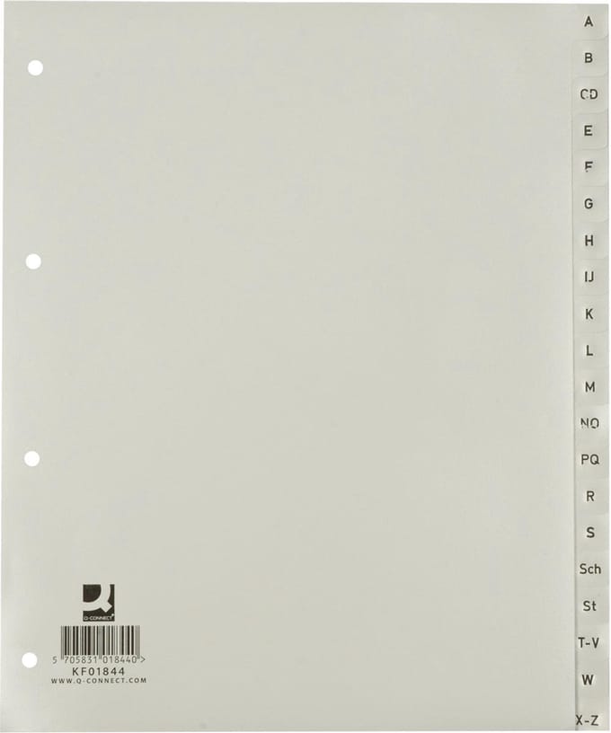 Q-CONNECT alfabetische tabbladen, A4, PP, 20 tabs, grijs