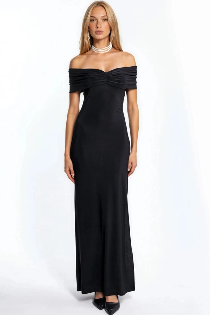 Off-Shoulder Split Gedetailleerde Zand Maxi-jurk