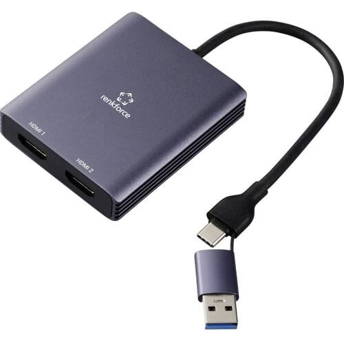 Renkforce RF-6418198 USB-C / HDMI Adapter [1x USB-A, USB-C - 2x HDMI] Grijs 4K UHD 15 cm