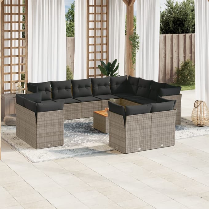 vidaXL - 13-delige - Loungeset - met - kussens - poly - rattan - grijs
