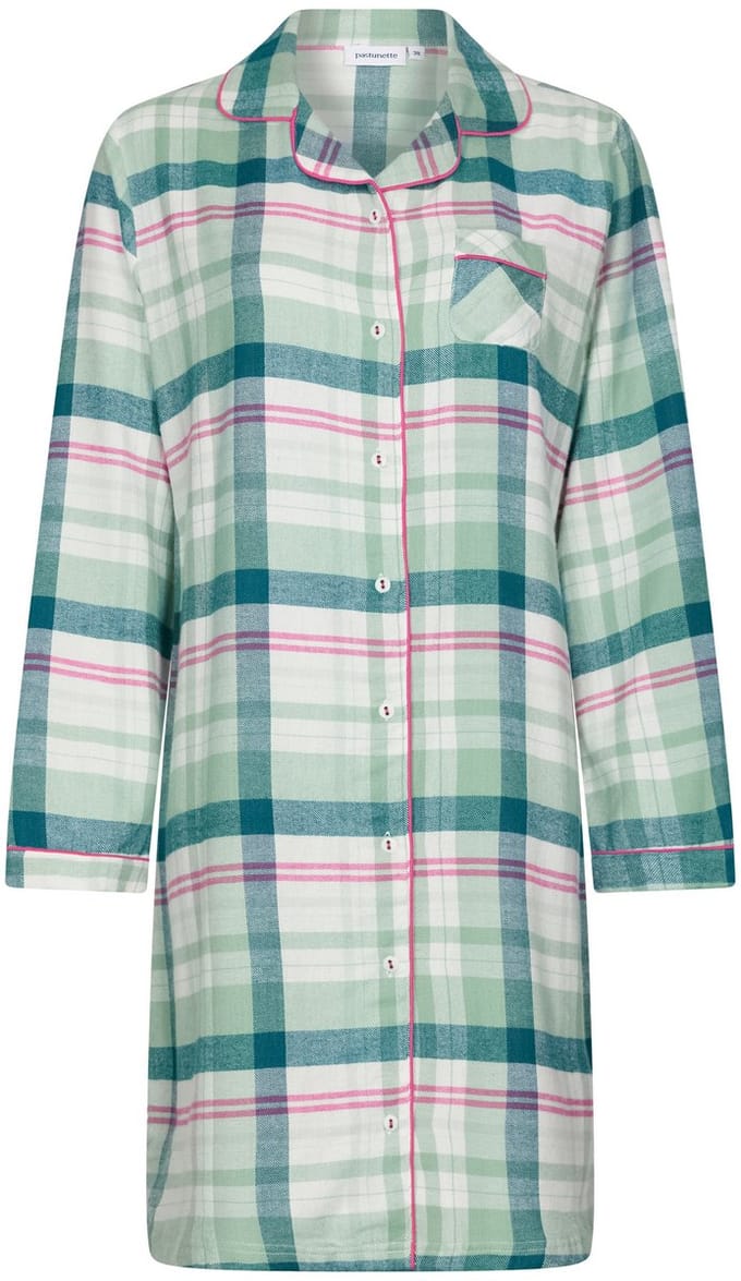 Pastunette - Flannel Check - Nachthemd - Doorknoop - Groen/Wit/Roze - Flanel - Maat 38