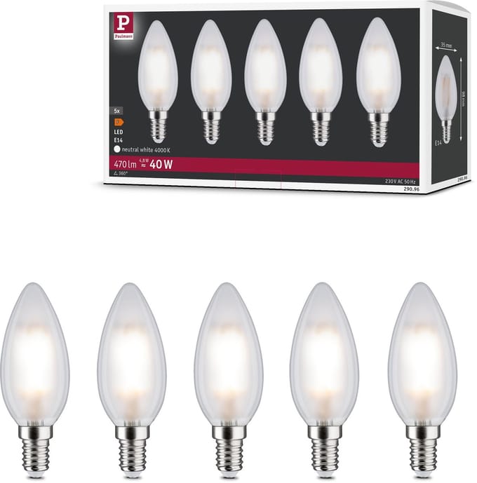 Filament 230 V LED kaars E14 5x470lm 5x4,8W 4000K Mat