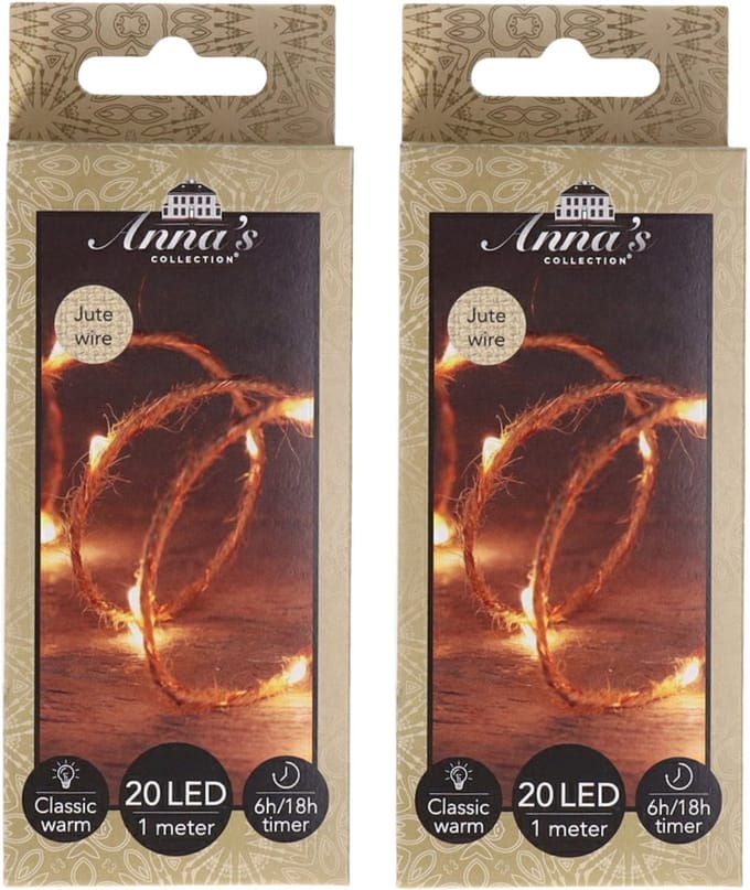 Anna Collection Touwverlichting - 2x - jute - met 20 lampjes - warm wit - 100 cm - timer