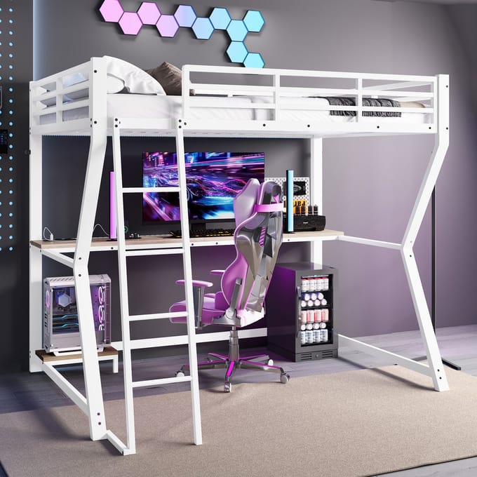Wishdor – Hoogslaper 90x200 cm – Met Bureau, LED & Stopcontact – Inclusief Computerhouder – Smart & Compleet – Metaal & MDF – Wit