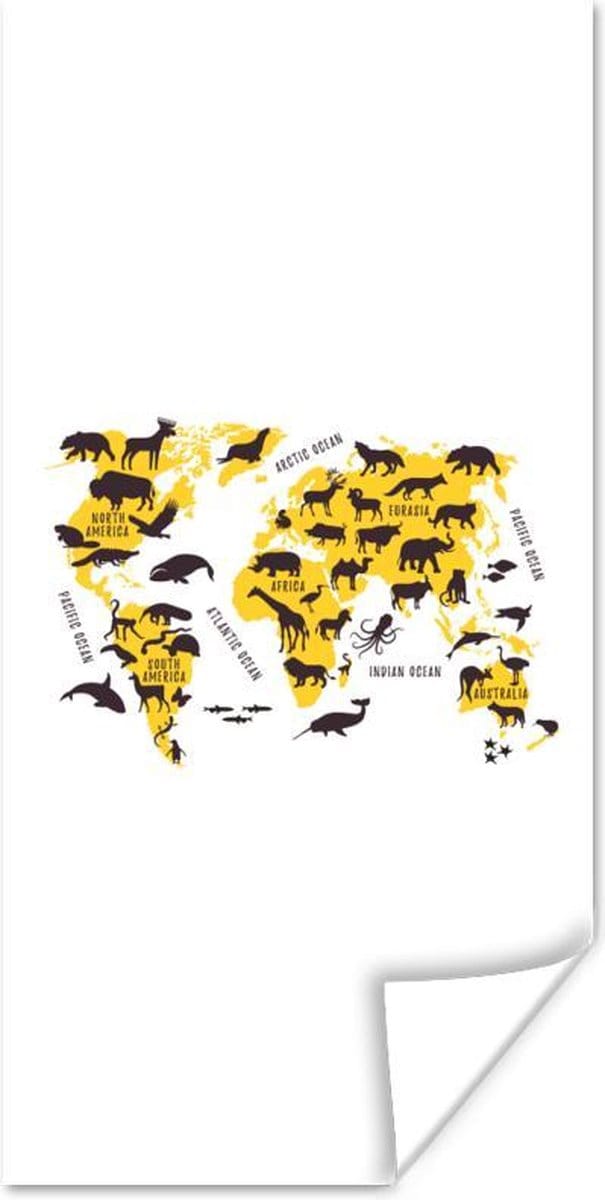 Wereldkaarten - Wereldkaart - Dieren - Geel - 80x160 cm