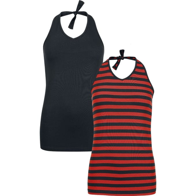 R.E.D. Rock-Engineered Design Zwart/rood gestreepte haltertops in een dubbele verpakking - Dames - XL