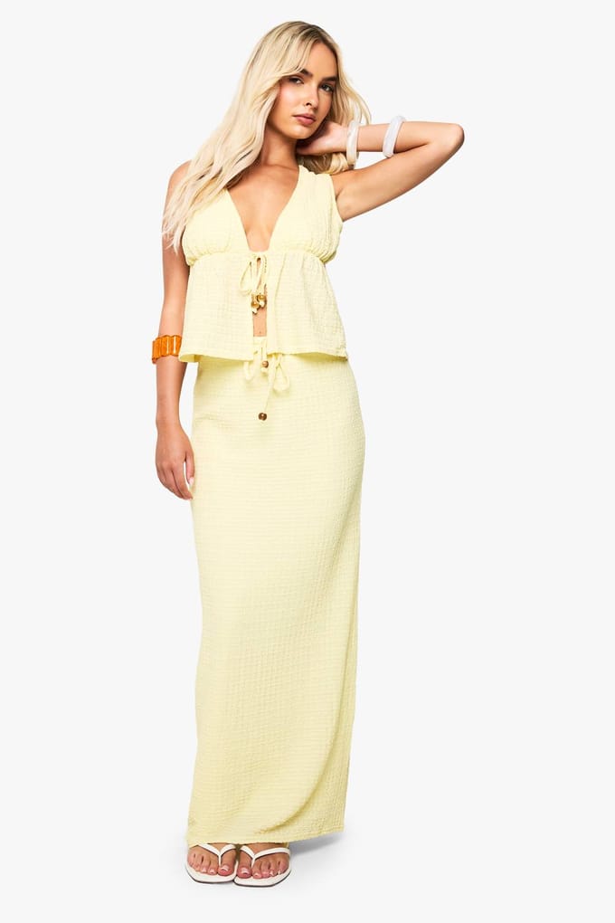 boohoo Dames Kralengetextureerde maxi-rok met trekkoord | Lemon | Maat: 12