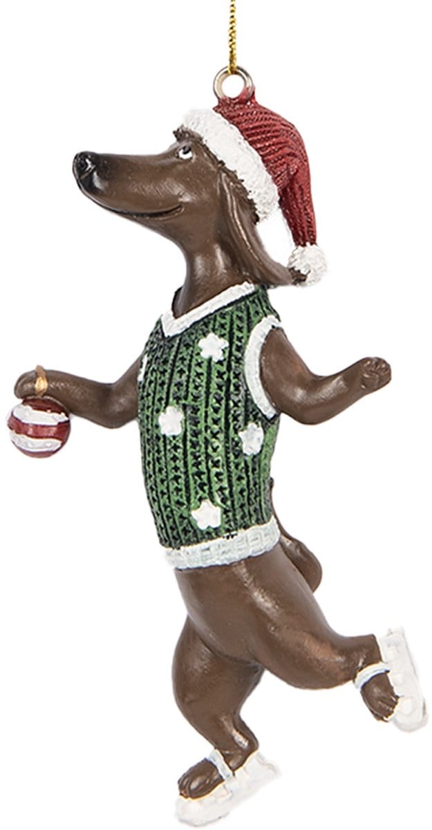 Clayre & Eef Kersthanger Hond Teckel 6x3x10 cm Bruin Groen Kunststof