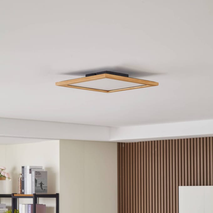 Lucande LED plafondlamp Joren, 42 cm, hout, CCT, afstandsbediening