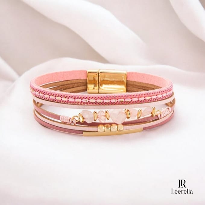 Leerella Echt Leren Multi-Layer Armband Roze met Magneetsluiting – Boho Dames Armband – 19,5 cm