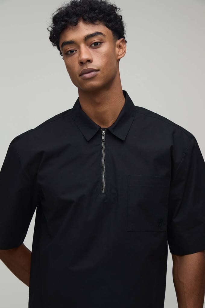 Oversized Boxy Shirt Met Kwart Rits En Korte Mouwen | Black | Size Small