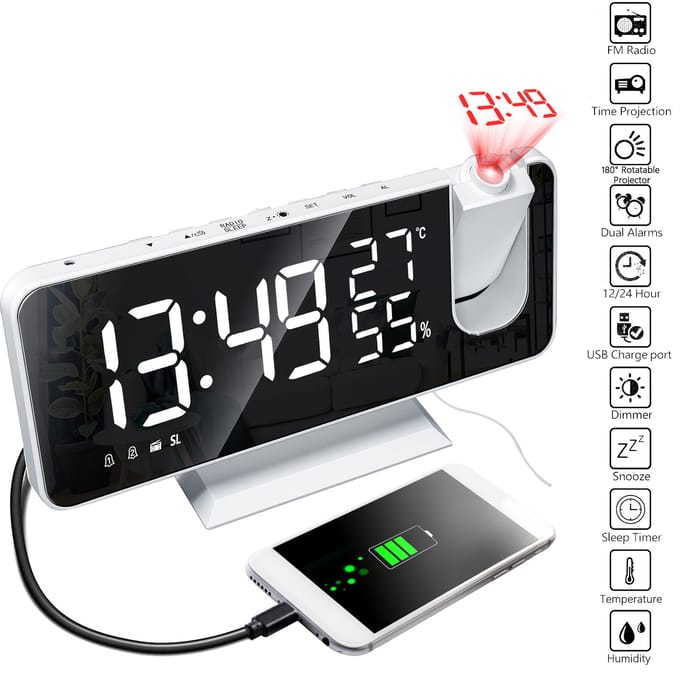 Digitale projectiewekker met spiegelend oppervlak 4-in-1 180 graden projectorklok voor binnen White Fonts wit