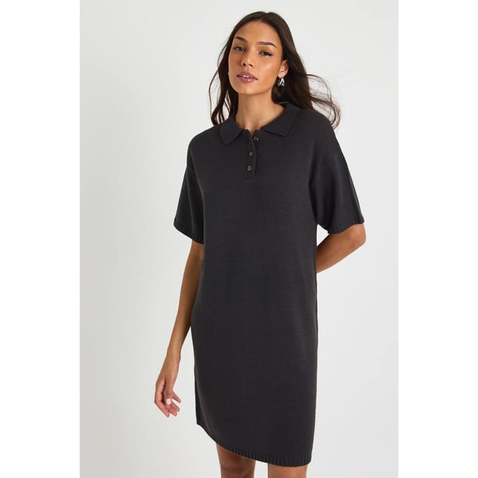 boohoo Dames Lang gesneden oversized gebreide jurk met hoge kraag en knoopsluiting | Houtskool | Maat: Small