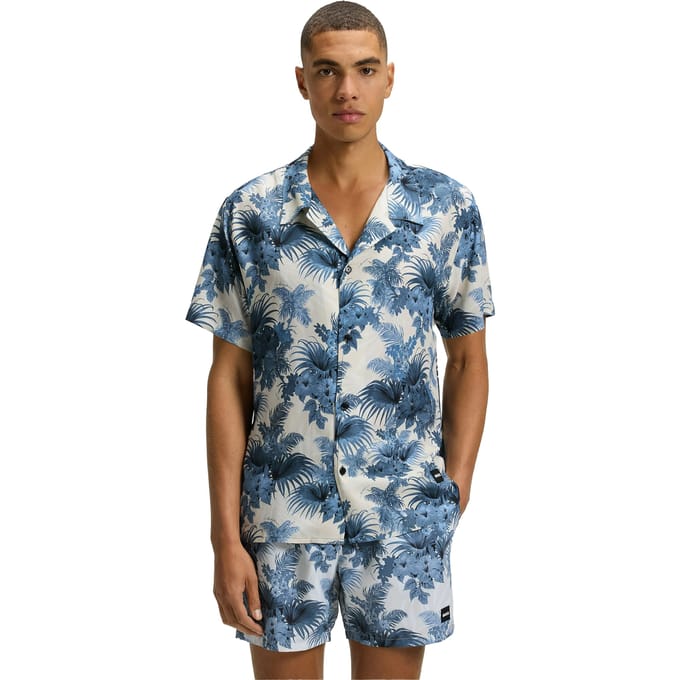 Boss Heren Gebloemd Normaal Overhemd Met Korte Mouwen (Blauw)