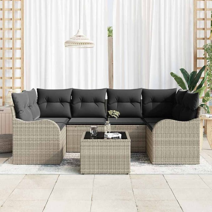 vidaXL - Tuinbank - Set - 7 - st - 6-zits - Lichtgrijs - poly - rattan