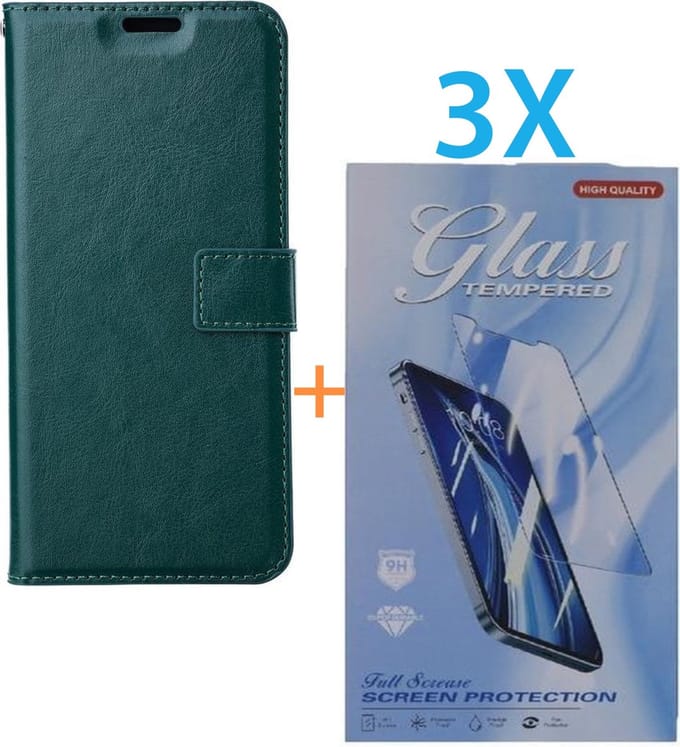 Bookcase Geschikt voor: Apple iPhone 15 Plus - Groen - portemonnee hoesje - + 3X Tempered Glass Screenprotector