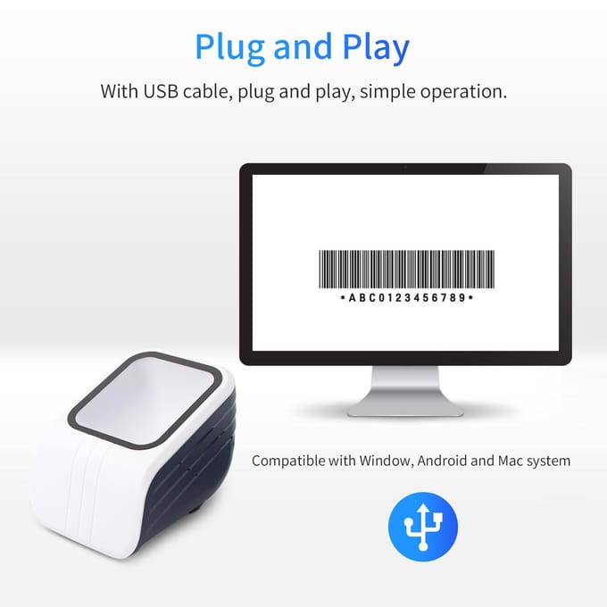 Plate-forme de scanner de codes-barres QR 1D 2D avec invite d'annonce vocale, lecteur de codes-barres filaire USB blanc