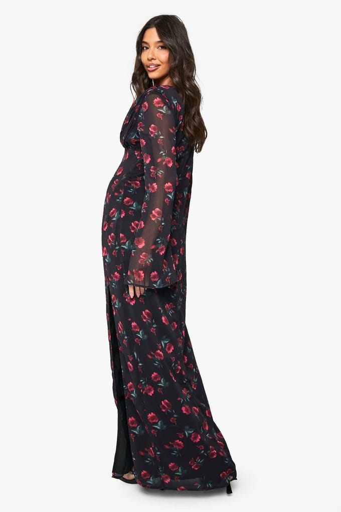 boohoo Dames Bloemige Chiffon Plongeer Maxi-jurk | Black | Maat: 8