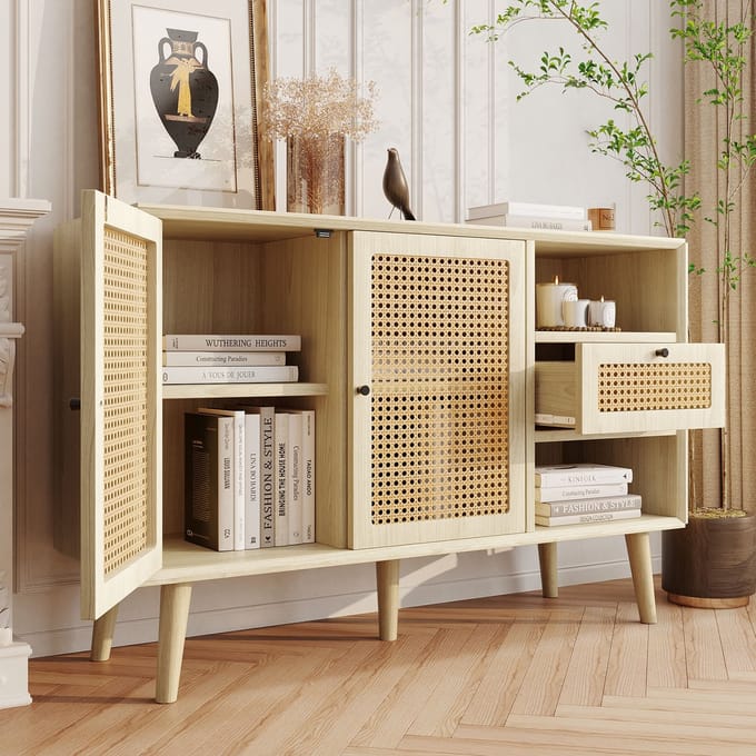Dressoir 120x40x80 cm - met 1 lade - deurtjes van riet - zwarte handgreep - verstelbare plank - eikenkleur