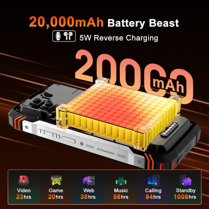 Téléphone Portable Blackview XPLORE 1 5G 36 Go + 256 Go 20000 mAh Écran 6,78  64 MP Android 15 Smartphone orange